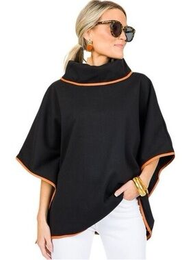 Tuckernuck Piper Leather Trimmed mock neck  Funnel Neck Poncho Black OS